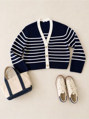 GAP Navy and White Oversized Striped V-Neck Cardigan With Gold Buttons